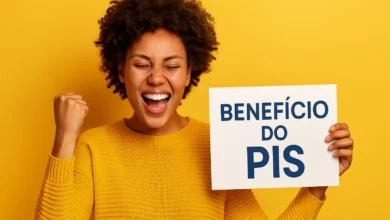 Mulher comemorando ao descobrir como consultar PIS pelo CPF em 2025, com fundo azul e logotipo do PIS.