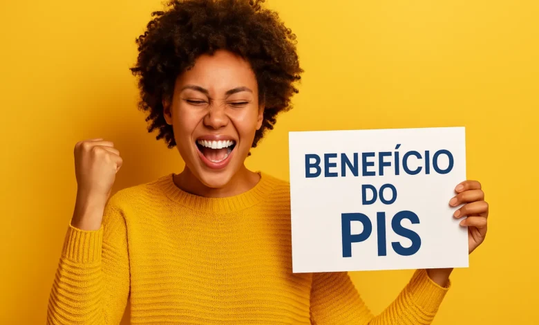 Mulher comemorando ao descobrir como consultar PIS pelo CPF em 2025, com fundo azul e logotipo do PIS.