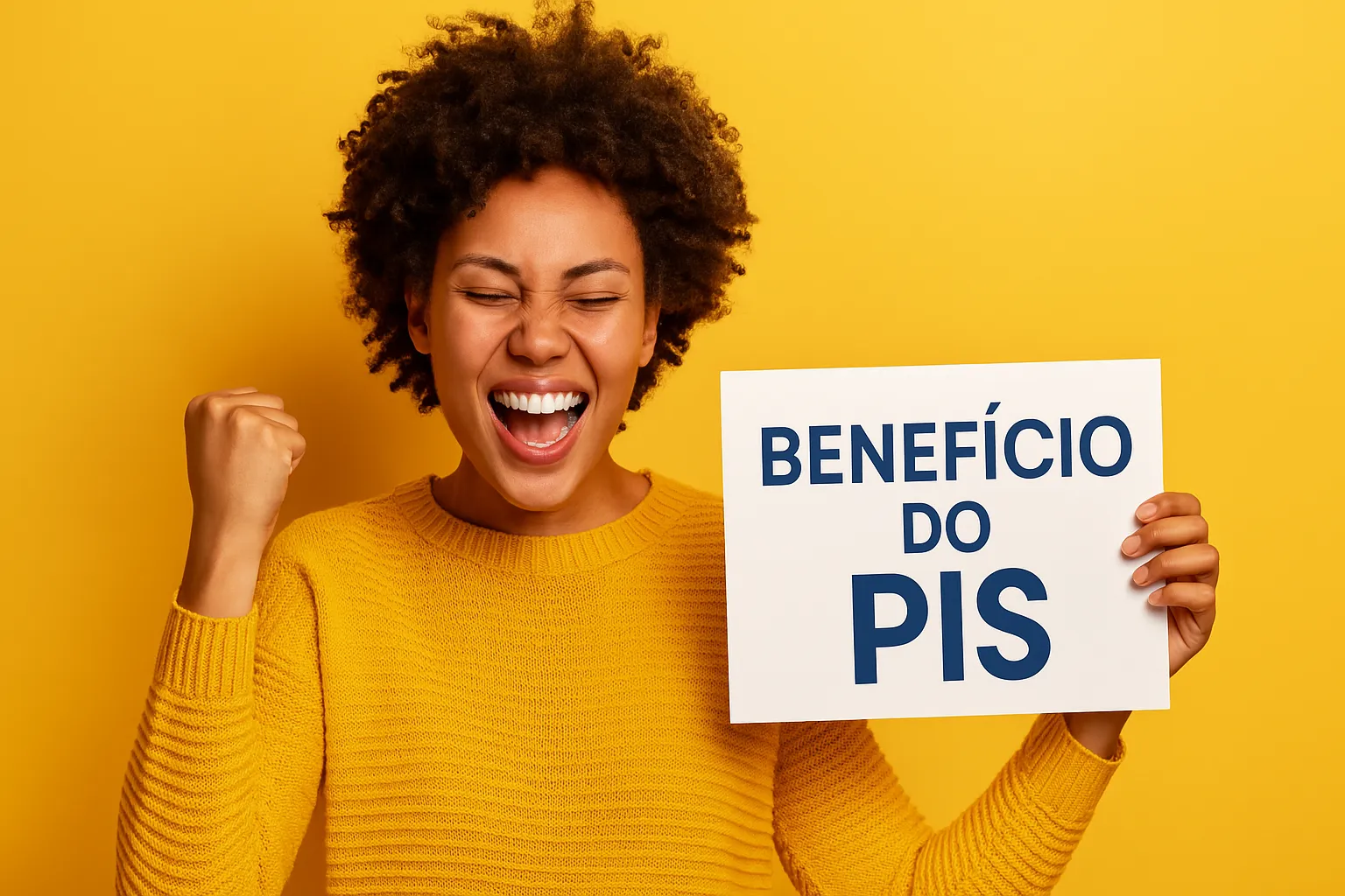 Mulher comemorando ao descobrir como consultar PIS pelo CPF em 2025, com fundo azul e logotipo do PIS.