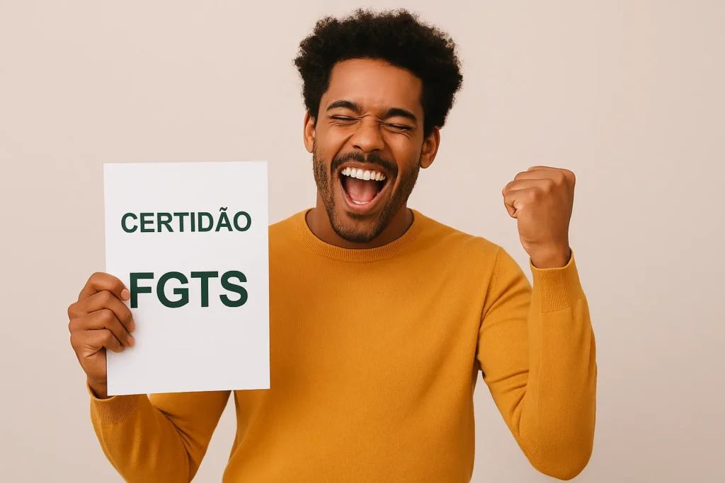 Homem jovem e sorridente comemora segurando a Certidão do FGTS, simbolizando conquista e direitos trabalhistas garantidos em 2025.