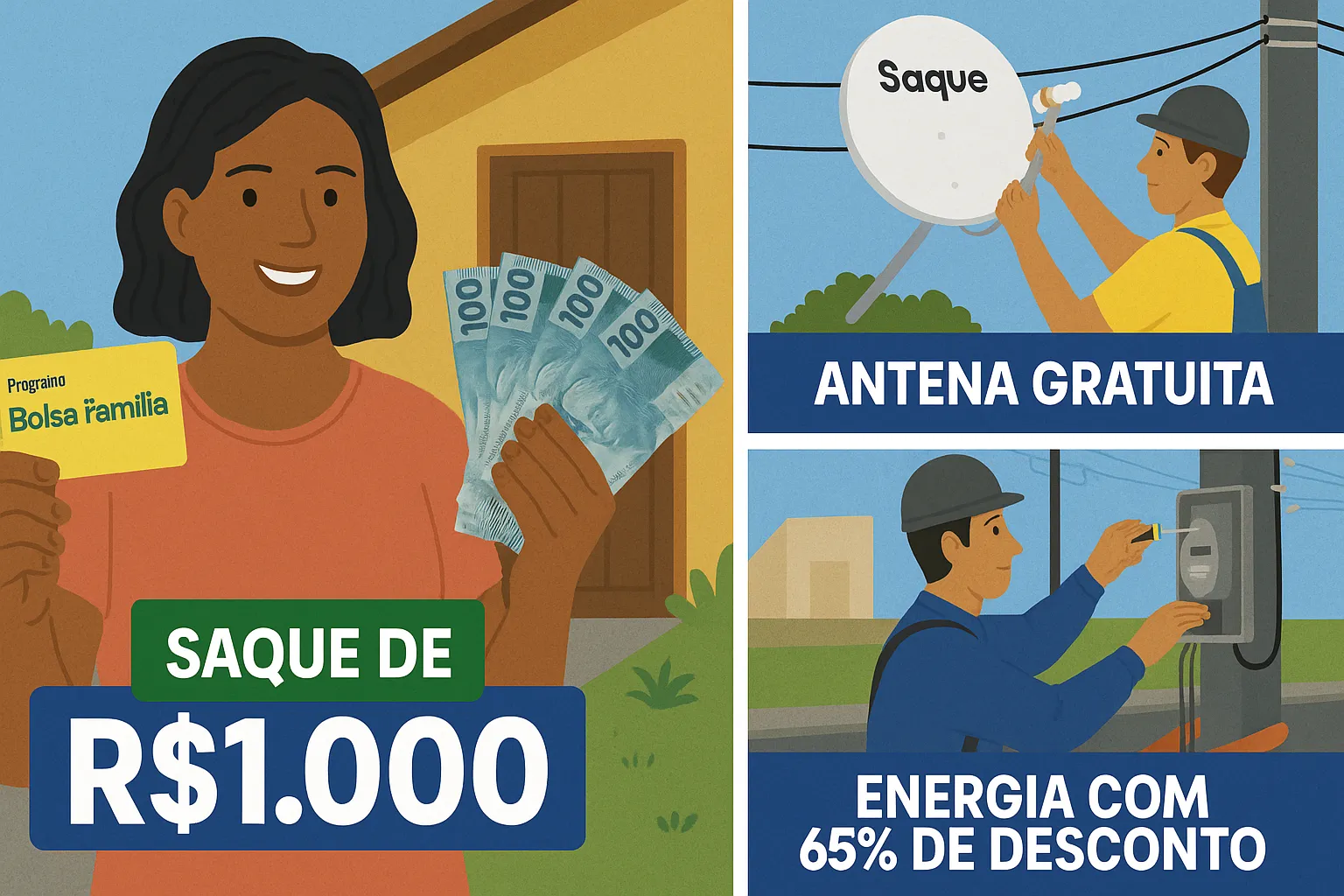 Saque de R$1.000, Antena Gratuita e Energia com 65% de desconto: 3 benefícios do Bolsa Família para abril
