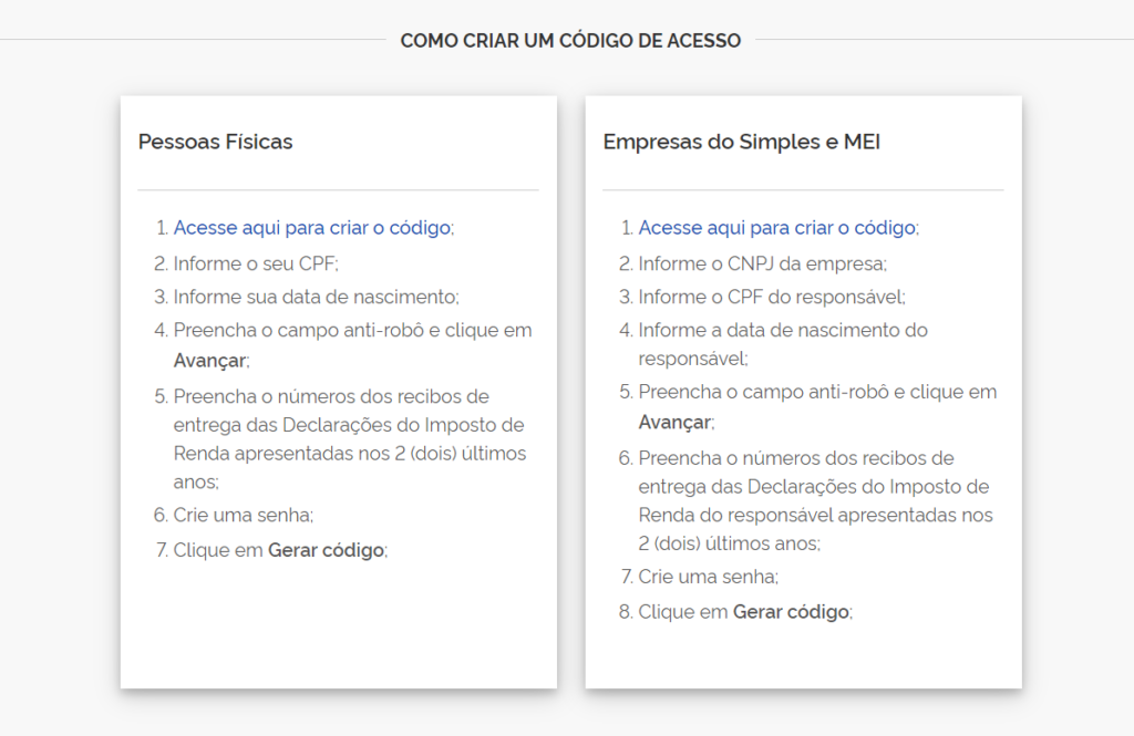 Criar Código de Acesso do E-CAC. 