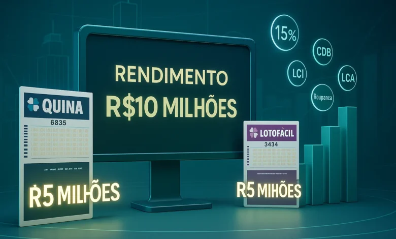 Descubra quanto os R$10 milhões dos prêmios da Quina 6835 e Lotofácil 3494 podem render com a SELIC a 15% ao ano em CDB, LCI, LCA, poupança e Tesouro Direto. Valores podem surpreender!