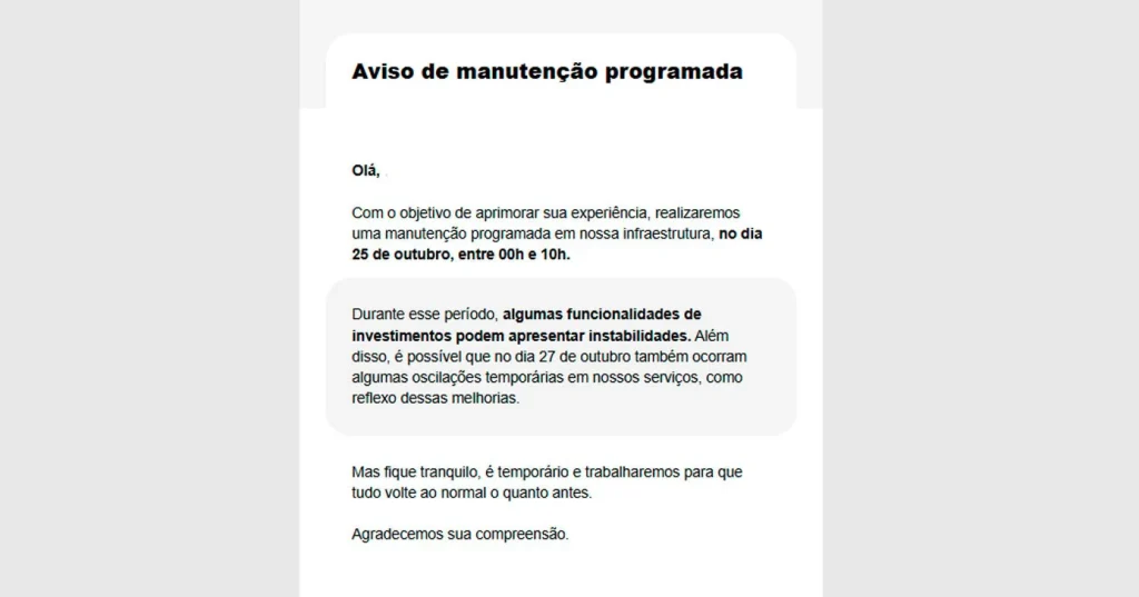 Comunicado do Nubank confirma manutenção programada para 25/10