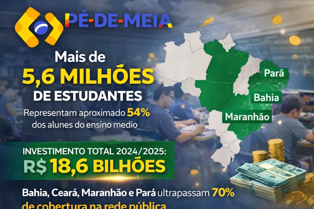 o Pé-de-Meia já alcançou mais de 5,6 milhões de estudantes em todo o Brasil, o que representa cerca de 54% dos alunos do ensino médio da rede pública