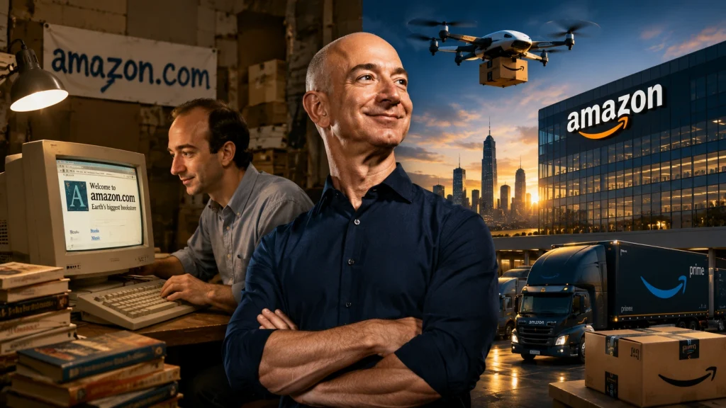 Montagem mostra a trajetória da Amazon desde sua criação como uma pequena livraria online por Jeff Bezos, em 1994, até se tornar uma das maiores empresas do mundo.