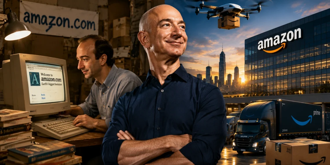 Montagem mostra a trajetória da Amazon desde sua criação como uma pequena livraria online por Jeff Bezos, em 1994, até se tornar uma das maiores empresas do mundo.