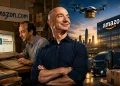 Montagem mostra a trajetória da Amazon desde sua criação como uma pequena livraria online por Jeff Bezos, em 1994, até se tornar uma das maiores empresas do mundo.