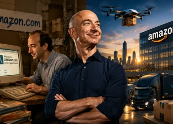 Montagem mostra a trajetória da Amazon desde sua criação como uma pequena livraria online por Jeff Bezos, em 1994, até se tornar uma das maiores empresas do mundo.