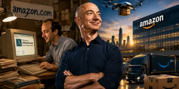 Montagem mostra a trajetória da Amazon desde sua criação como uma pequena livraria online por Jeff Bezos, em 1994, até se tornar uma das maiores empresas do mundo.