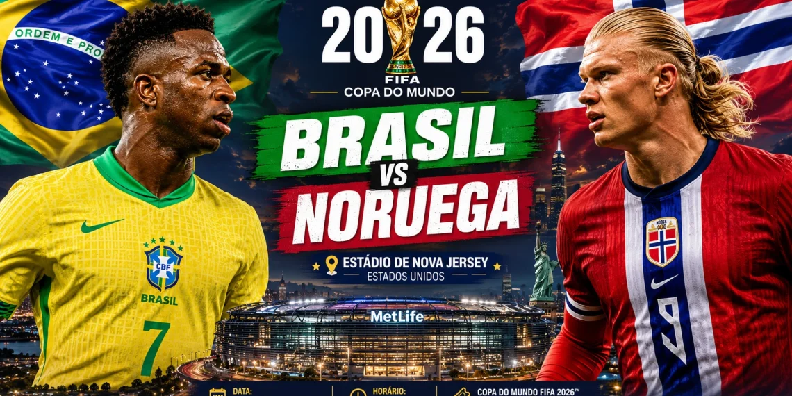 Arte ilustrativa do confronto entre Brasil e Noruega pela Copa do Mundo FIFA 2026, com destaque para as seleções e o estádio de Nova Jersey, nos Estados Unidos.