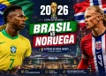 Arte ilustrativa do confronto entre Brasil e Noruega pela Copa do Mundo FIFA 2026, com destaque para as seleções e o estádio de Nova Jersey, nos Estados Unidos.