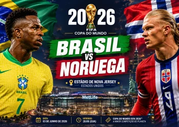 Arte ilustrativa do confronto entre Brasil e Noruega pela Copa do Mundo FIFA 2026, com destaque para as seleções e o estádio de Nova Jersey, nos Estados Unidos.