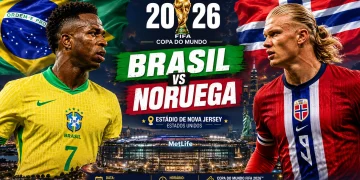 Arte ilustrativa do confronto entre Brasil e Noruega pela Copa do Mundo FIFA 2026, com destaque para as seleções e o estádio de Nova Jersey, nos Estados Unidos.