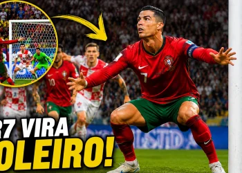 Cristiano Ronaldo aparece dentro da área de Portugal em posição semelhante à de um goleiro durante a partida contra a Croácia pela Copa do Mundo de 2026.