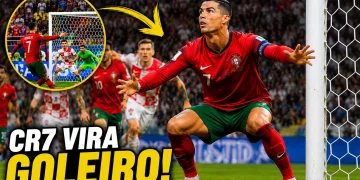 Cristiano Ronaldo aparece dentro da área de Portugal em posição semelhante à de um goleiro durante a partida contra a Croácia pela Copa do Mundo de 2026.