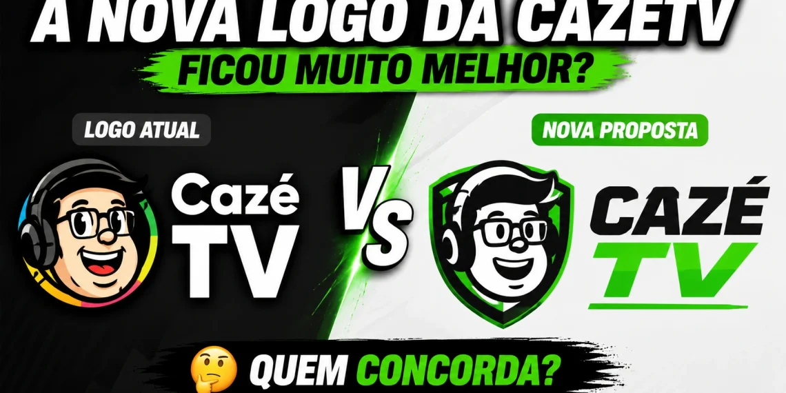 Comparação entre a identidade visual atual da CazéTV e uma proposta de nova logomarca criada por um internauta, que viralizou nas redes sociais.