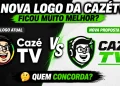 Comparação entre a identidade visual atual da CazéTV e uma proposta de nova logomarca criada por um internauta, que viralizou nas redes sociais.