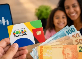 Cartão do Bolsa Família ao lado de cédulas de real e celular, representando a consulta do pagamento do benefício de agosto.