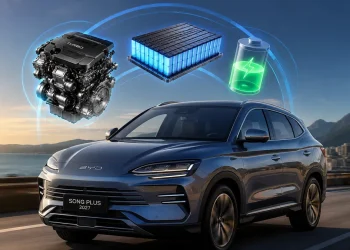 BYD Song Plus 2027 em destaque com ilustrações do motor turbo e da bateria de alta capacidade, representando o novo SUV híbrido plug-in da marca.