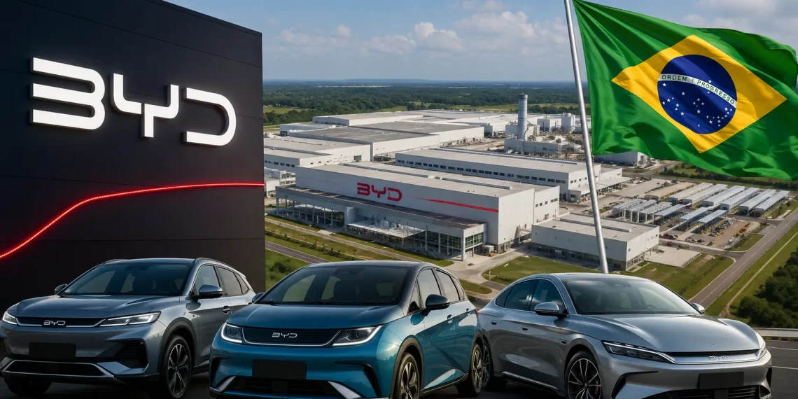 Fábrica da BYD em Camaçari, na Bahia, com veículos elétricos da montadora chinesa durante expansão da produção no Brasil.