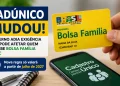 Pessoa segura um cartão do Bolsa Família ao lado de um celular exibindo o Cadastro Único, representando as novas regras do CadÚnico e o adiamento da exigência de entrevista domiciliar para beneficiários do Bolsa Família e do BPC.