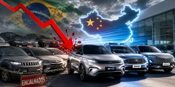 SUVs de marcas chinesas como BYD, GWM e Omoda ao lado de veículos tradicionais, ilustrando a queda dos preços dos carros e a forte concorrência no mercado automotivo brasileiro.