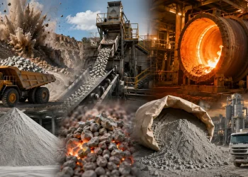 Explosões que liberam até 200 mil toneladas de rocha, fornos a 1.500°C e uma reação química decisiva: como nasce o cimento, o segundo material mais consumido do mundo e indispensável para cidades, pontes e arranha-céus
