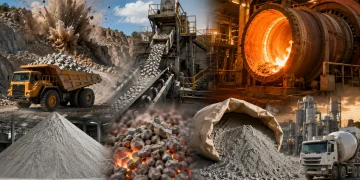 Explosões que liberam até 200 mil toneladas de rocha, fornos a 1.500°C e uma reação química decisiva: como nasce o cimento, o segundo material mais consumido do mundo e indispensável para cidades, pontes e arranha-céus
