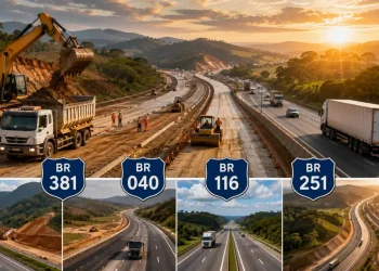 Máquinas trabalham na duplicação de rodovias federais em Minas Gerais, representando obras nas BR-381, BR-040, BR-116 e BR-251.