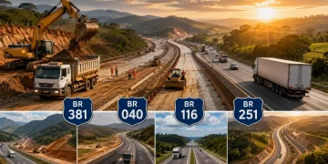Máquinas trabalham na duplicação de rodovias federais em Minas Gerais, representando obras nas BR-381, BR-040, BR-116 e BR-251.