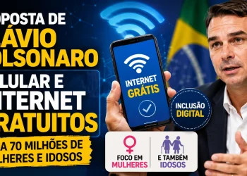 Flávio Bolsonaro durante anúncio de proposta que prevê internet gratuita e distribuição de celulares para mulheres de baixa renda e idosos em situação de vulnerabilidade.