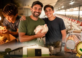 Pai e filho em granja de frangos mostram como uma criação iniciada com 100 pintinhos se transformou em um negócio com mais de 2.000 aves e selo de inspeção estadual.
