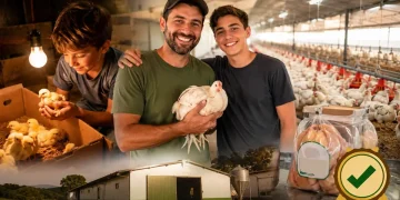 Pai e filho em granja de frangos mostram como uma criação iniciada com 100 pintinhos se transformou em um negócio com mais de 2.000 aves e selo de inspeção estadual.