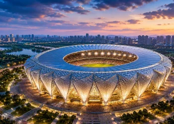 Vista aérea do Guangzhou Football Park, novo estádio de futebol da China com capacidade para 73 mil torcedores, arquitetura futurista e investimento estimado em R$ 9,5 bilhões.