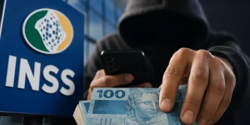 Pessoa encapuzada segurando dinheiro e celular em frente ao logotipo do INSS, representando golpe financeiro contra aposentados e pensionistas.