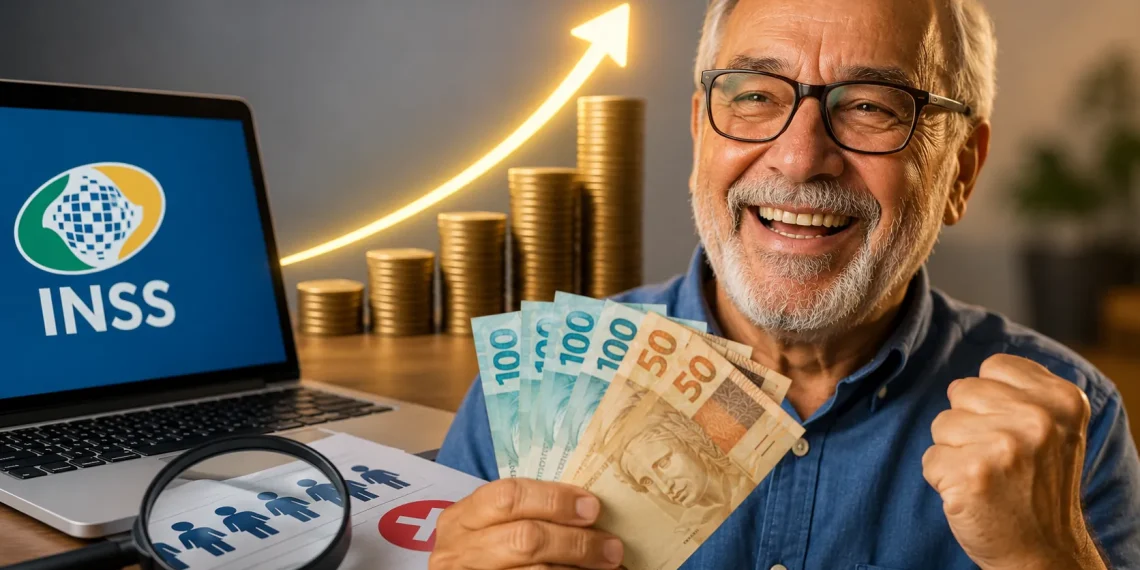 Aposentado segurando cédulas de real ao lado do logotipo do INSS, representando revisão do CNIS que pode aumentar o valor da aposentadoria.