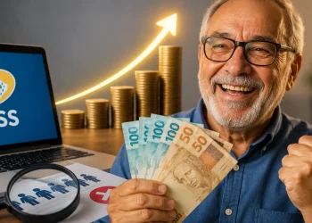 Aposentado segurando cédulas de real ao lado do logotipo do INSS, representando revisão do CNIS que pode aumentar o valor da aposentadoria.