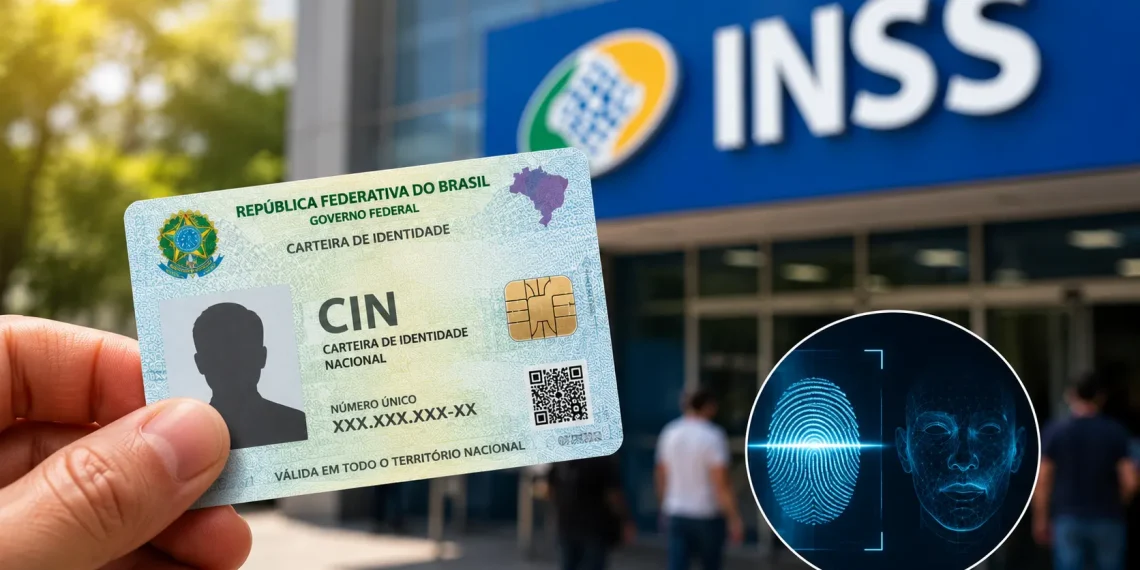 Carteira de Identidade Nacional (CIN) em frente a uma agência do INSS, ilustrando os impactos do novo RG nos benefícios previdenciários.