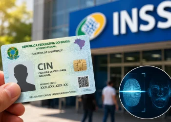 Carteira de Identidade Nacional (CIN) em frente a uma agência do INSS, ilustrando os impactos do novo RG nos benefícios previdenciários.