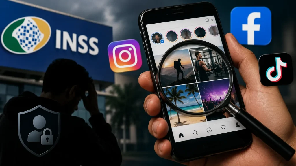 Celular com Instagram em destaque ao lado dos logotipos do INSS, Facebook e TikTok, simbolizando a fiscalização de publicações em redes sociais durante revisões de benefícios do INSS.