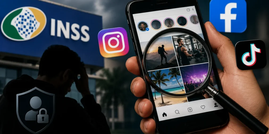 Celular com Instagram em destaque ao lado dos logotipos do INSS, Facebook e TikTok, simbolizando a fiscalização de publicações em redes sociais durante revisões de benefícios do INSS.