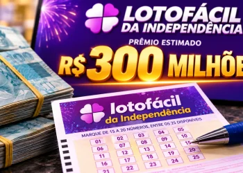Bilhete da Lotofácil da Independência ao lado de maços de dinheiro e destaque para o prêmio estimado de R$ 300 milhões, representando o concurso especial das Loterias Caixa de 2026.