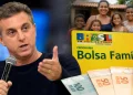 Luciano Huck durante evento ao lado de representação do Bolsa Família e de uma família beneficiária, em imagem que ilustra debate sobre declarações do apresentador e estudos sobre permanência no programa social.