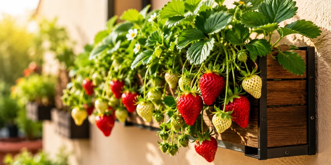 Jardineiras suspensas fixadas na parede com pés de morango carregados de frutos maduros e folhas verdes em um quintal ensolarado.