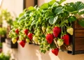 Jardineiras suspensas fixadas na parede com pés de morango carregados de frutos maduros e folhas verdes em um quintal ensolarado.