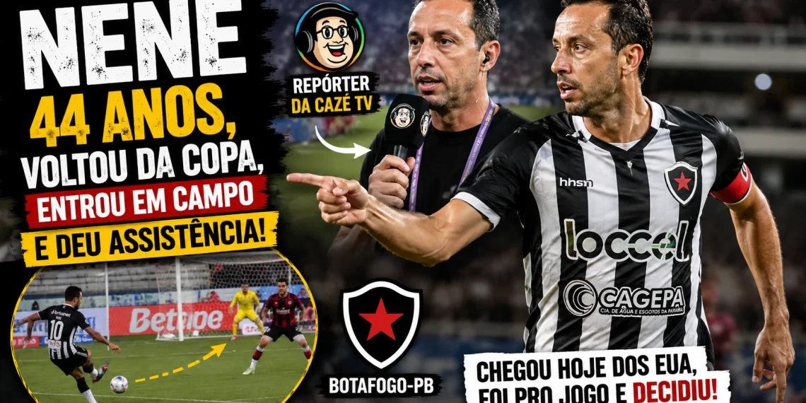 Nenê, aos 44 anos, em ação pelo Botafogo-PB após retornar da cobertura da Copa do Mundo pela CazéTV e dar uma assistência em sua volta aos gramados.