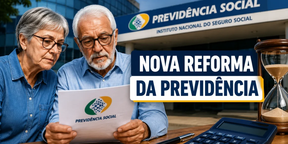 Casal de idosos analisa documentos em frente a uma unidade da Previdência Social, enquanto a imagem destaca o texto "Nova Reforma da Previdência", representando o debate sobre possíveis mudanças nas regras de aposentadoria do INSS.