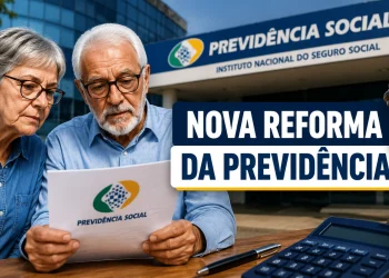 Casal de idosos analisa documentos em frente a uma unidade da Previdência Social, enquanto a imagem destaca o texto "Nova Reforma da Previdência", representando o debate sobre possíveis mudanças nas regras de aposentadoria do INSS.
