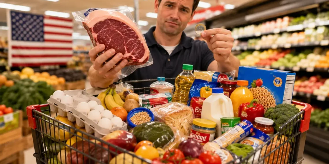 Carrinho de supermercado cheio com picanha e diversos produtos em supermercado dos Estados Unidos, ilustrando o debate sobre o poder de compra em comparação com o Brasil.